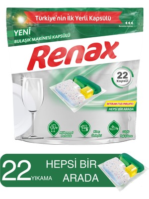 Renax Bulaşık Makinesi Kapsülü 22 Yıkama Limon Kokulu Yağ ve Kireç Önleyici Hepsi Bir Arada Formül