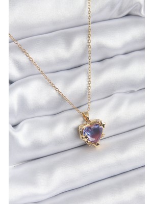 Clariss 316L Çelik Zincir Gold Renk Mor Renk Zirkon Taşlı Kalp Model Kadın Kolye