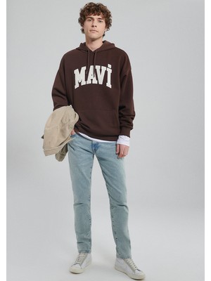 Mavi Logo Baskılı Kapüşonlu Kahverengi Sweatshirt 067149-70251