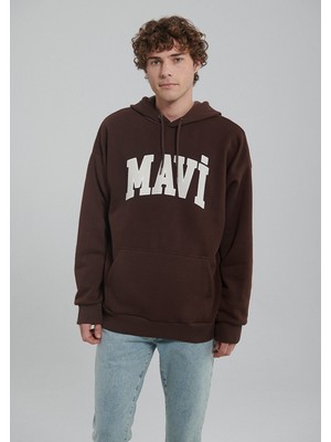 Mavi Logo Baskılı Kapüşonlu Kahverengi Sweatshirt 067149-70251