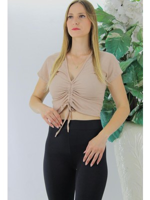 AkDs Ön Büzgülü Crop Bluz Camel - 1293.33