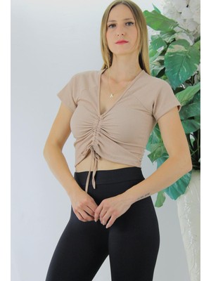 AkDs Ön Büzgülü Crop Bluz Camel - 1293.33