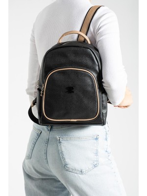 Impolo Asya Siyahkumgofraj Baskı Kadın Sırt Çantası 27X32 Ebatında