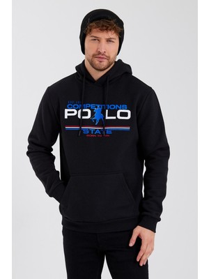 Polo State Erkek Kapüşonlu Baskılı 3 Iplik Sweatshirt Siyah