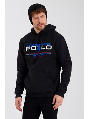 Polo State Erkek Kapüşonlu Baskılı 3 Iplik Sweatshirt Siyah