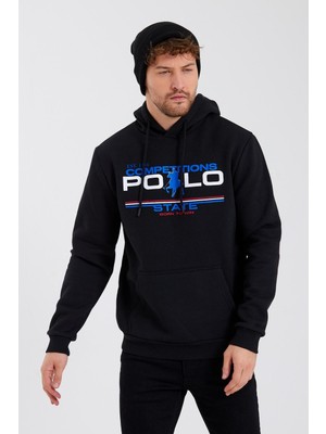 Polo State Erkek Kapüşonlu Baskılı 3 Iplik Sweatshirt Siyah