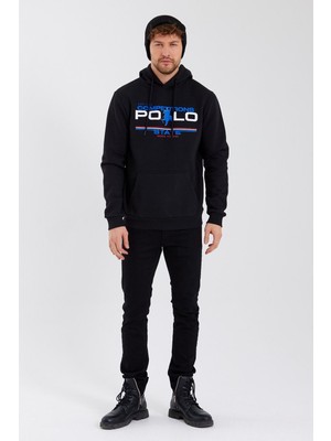 Polo State Erkek Kapüşonlu Baskılı 3 Iplik Sweatshirt Siyah