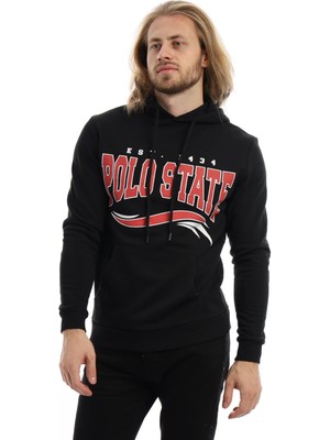 Polo State Erkek Polo State Baskılı Kapüşonlu 3 Iplik Şardonlu Sweatshirt Siyah