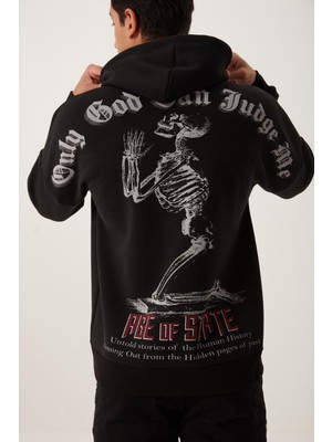 Polo State Erkek 3 İplik Pamuklu İçi Polarlı Ön Arka Baskılı Oversize Kapüşonlu Siyah Sweatshirt