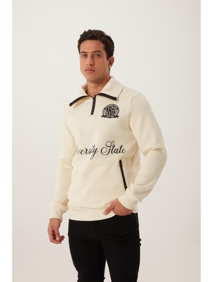 Polo State Erkek Relax Fit 3 İplik Rahat Kesim Pamuklu İçi Polarlı Yarım Fermuarlı Dik Yaka Ekru Sweatshirt