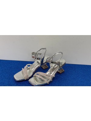 KAFKASLAR AYAKKABI Şeffaf Kısa Topuk Taşlı Üç Biye Bantlı Kadın Kız Çocuk Abiye Ayakkabı