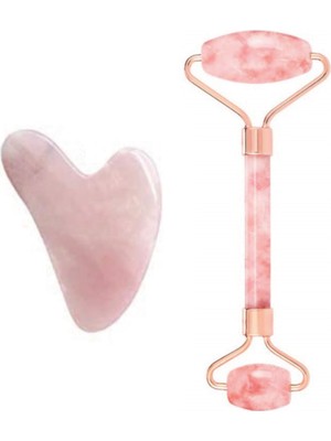 Tekno Trust Pembe Kuvars (Quartz) Face Roller ve Kalp Guasha İkili Set Doğaltaş Gua Sha Premium