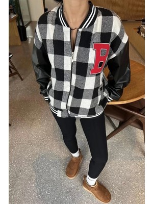 Giyim Center Kadın Pötikare Desen Harf Nakışlı Kolej Ceket - Siyah