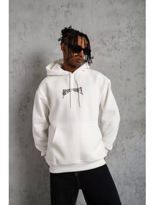 Giyim Center Erkek Kordon Ipli Baskılı Kapüşonlu Sweatshirt - Beyaz