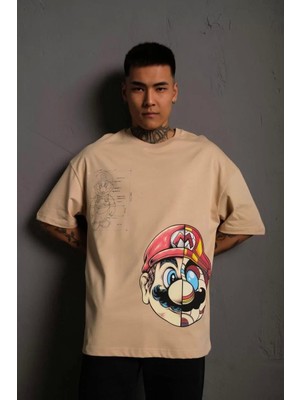 Giyim Center Erkek Mario Baskılı Oversize T-Shirt - Bej
