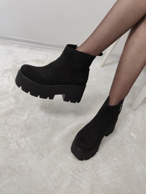 Çiğdem Kundura Gola Süet Platform Topuk Kısa Bot - Siyah-Süet - 37