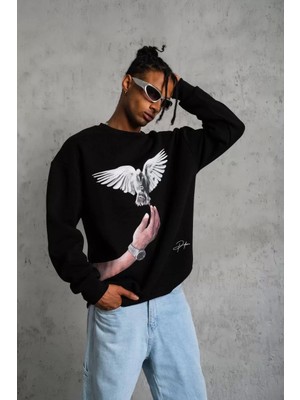 Giyim Center Erkek Güvercin Baskılı Sweatshirt - Siyah