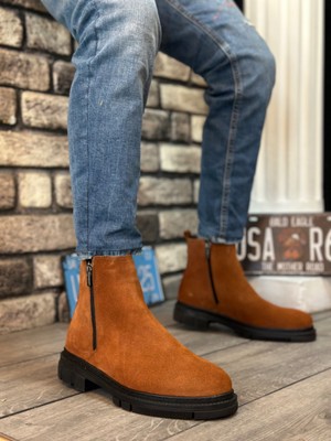 BOA BA0315 Içi Dışı Hakiki Deri Süet Taba Çift Fermuarlı Erkek Yarım Bilek Bot