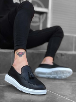 BOA BA0005 Bağcıksız Yüksek Taban Siyah Beyaz Klasik Püsküllü Corcik Erkek Ayakkabı