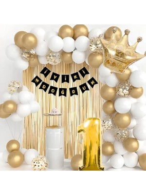 Hayaller Dükkanı Kral Taçlı 1 Yaş Doğum Günü Gold Beyaz Balon Seti Süsleme Seti