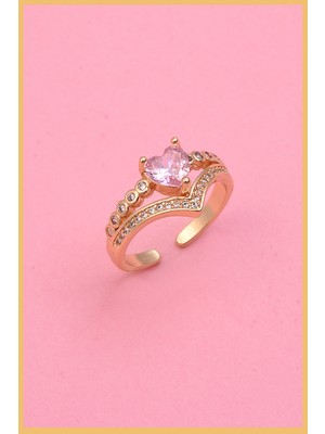 Aurrari Gold Pembe Kalp Kesim Zirkon Ayarlanabilir Çelik Yüzük (Exclusive)