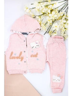 Vitrinmixmini %100 PAMUK 3 PARÇALI KAPÜŞONLU KEDİ FİGÜRLÜ  KIZ  BEBEK YELEK TAKIM-AÇIK PEMBE
