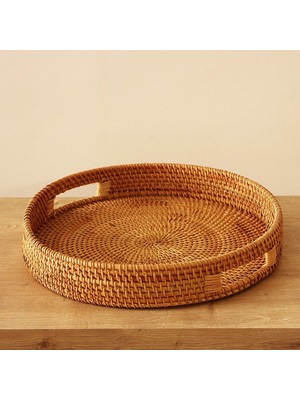 Naturel Home Bohem Rattan Kulplu Yuvarlak Tepsi 35X6 cm Large, Iskandinav, Modern