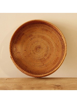 Naturel Home Bohem Rattan Kulplu Yuvarlak Tepsi 35X6 cm Large, Iskandinav, Modern