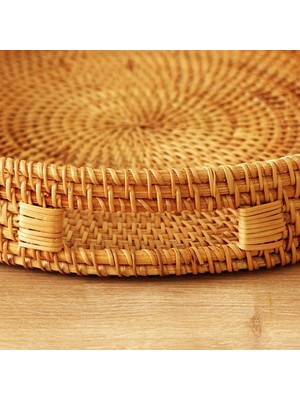 Naturel Home Bohem Rattan Kulplu Yuvarlak Tepsi 35X6 cm Large, Iskandinav, Modern