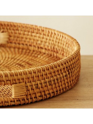 Naturel Home Bohem Rattan Kulplu Yuvarlak Tepsi 35X6 cm Large, Iskandinav, Modern