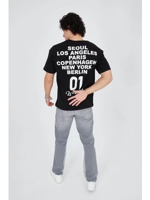 Tarz Yeri Erkek Bisiklet Yakalı Baskılı T-Shirt - Siyah