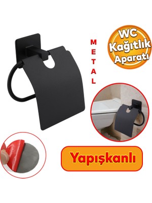 Badem10 Tuvalet Kağıtlık Yapışkanlı Kapaklı Aparat Wc Kağıt Standı Paslanmaz Metal Sağlam Siyah Estetik