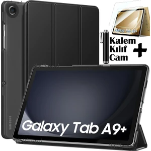 M.TK Moveteck Samsung Galaxy Tab A9 Plus 11 Inç SM-X210 Tablet Kılıfı Akıllı Smart Uyku Modlu Katlanabilir Arkası Şeffaf Standlı Kılıf + Ekran Koruyucu Cam + Kalem 3'lü Set SM-X213 X215 X217