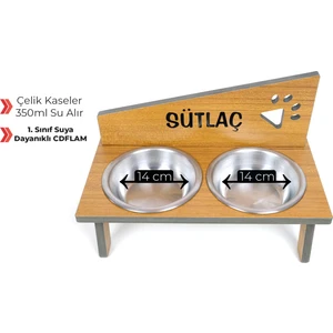 Suya Dayanıklı Ahşap Çelik Kâseli Özel Isim Baskılı Kedi-Köpek Mama ve Su Kabı Teak rengi