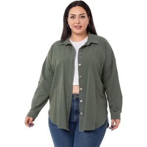 Disentis Modest Büyük Beden Katlamalı Kollu Metal Düğmeli Haki Gömlek