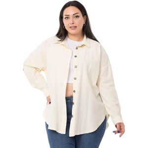 Disentis Modest Büyük Beden Katlamalı Kollu Metal Düğmeli Ekru Gömlek