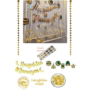 Hayaller Dükkanı  Ramazan Süsleri 6'lı Tavan Sarkıt Süs, Hoşgeldin Ramazan Altın Yazı ve LED ve 5 Adet Şeffa Balon ve Yıldız