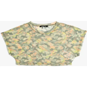 Transparan Crop Tişört Spor Kısa Kollu Bisiklet Yaka Kamuflaj Desenli