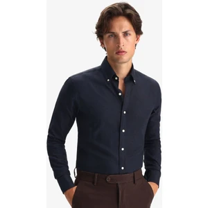 Erkek Lacivert Kışlık Melanj Oduncu Casual Düğmeli Yaka Cepsiz Modern Fit Gömlek
