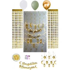 Hayaller Dükkanı Hoşgeldin Ramazan Süsleme Seti LED Işılı Perdeli Set 13 Balonlu Lüks Set