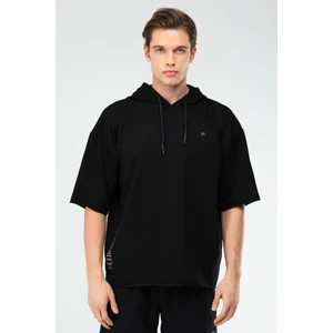 Siyah Oversize Düz Pamuklu Kısa Kol Kapüşonlu Erkek Sweatshirt  -  XC2319