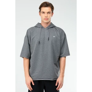 Gri Melanj Oversize Düz Pamuklu Kısa Kol Kapüşonlu Erkek Sweatshirt  -  XC2319