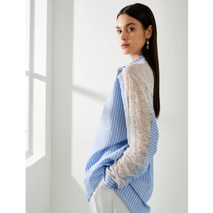 Dantel Detaylı Gömlek Uzun Kollu Düğmeli Manşet Yaka