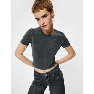 Crop Tişört Soluk Efektli Kısa Kollu Bisiklet Yaka Slim Fit Pamuklu