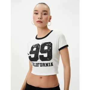 Kolej Crop Tişört Baskılı Biyeli Kısa Kollu Bisiklet Yaka Pamuklu Fitilli