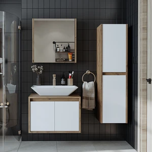 Banos Banyo Roomart tm7.3 Lavabolu Ahşap-Mat Beyaz Mdf 65 cm Banyo Dolabı+Aynalı Banyo Üst Dolap+Banyo Boy Dolabı