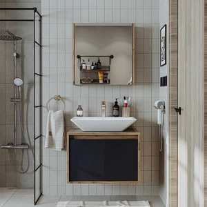 Banos Banyo Roomart Tm7.2 Lavabolu Ahşap-Antrasit Mdf 65 cm Banyo Dolabı + Aynalı Banyo Üst Dolabı BANOS1711