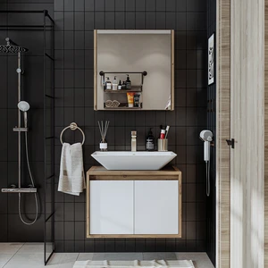 Banos Banyo Roomart Tm7.2 Ayaksız 2 Kapaklı Lavabolu Ahşap-Mat Beyaz Mdf 65 cm Banyo Dolabı + Aynalı Banyo Üst Dolabı