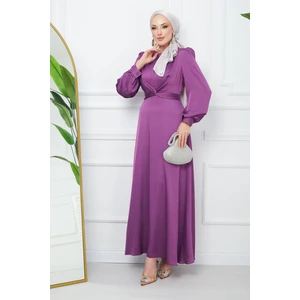 Lila Bağlama Detaylı Saten Abiye