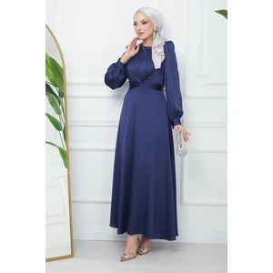 Lacivert Bağlama Detaylı Saten Abiye